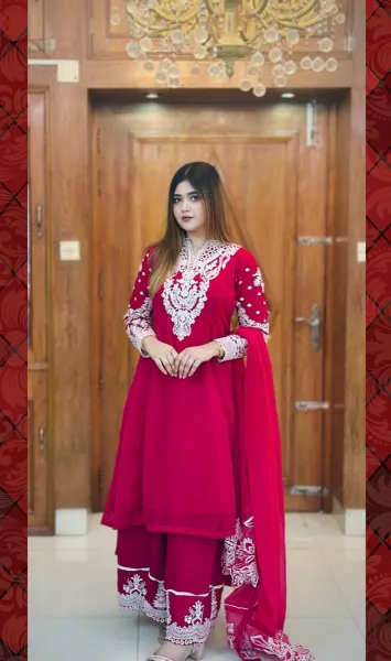 Pakistani Boutique Tail gown Style Chiffon 3Pcs _ Magenta 